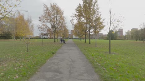 A-man-sits-on-a-bench-in-a-city-park-and-looks-at-his-phone-when-a-drone-flies-by