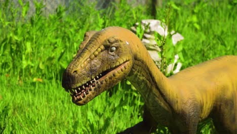 brown-reptile-dinosaur-nodding-his-head-in-slow-motion-sunny-bright-environment-bright-vivid-grass-zoom-out-slow-motion