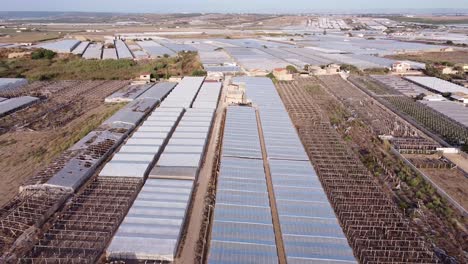 Aerial-view-of-greenhouse-agriculture---growing-vegetables-in-tunnels-on-a-large-scale-vegetable-farm---Glasshouse-in-Sicily