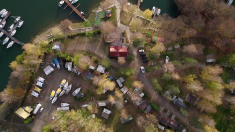 Aerial-view-of-recreational-boat-dock-at-Lake-Solina-in-Bieszczady-Polish-mountains