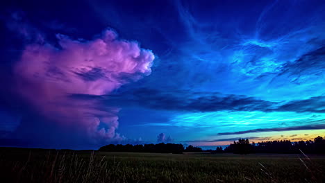 Timelapse-De-Nubes-Cumulonimbus-Rosas-En-La-Noche-Crepuscular-Azul