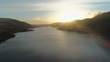 High-Aerial-Drone-Shot-of-Ullswater-Lake-at-Stunning-Beautiful-Sunrise-Lake-District-Cumbria-United-Kingdom