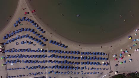 Reihen-Von-Sonnenliegen-Und-Sonnenschirmen-An-Der-Italienischen-Küste,-Luftaufnahme-Von-Oben-Nach-Unten