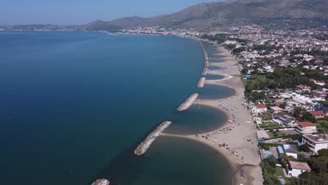 Small-bays-and-sandy-coastline-of-Italy,-aerial-drone-side-fly-view