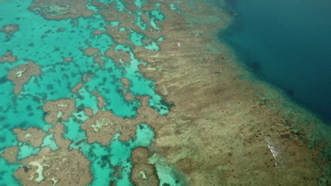 Aerial-orbit-above-coral-reefs-in-crystal-clear-waters-of-Isle-of-Pines,-New-Caledonia