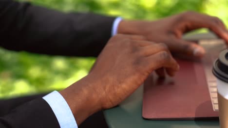African-American-businessman-working-on-his-laptop-at-an-outdoor-park,-hands-close-up-of-afro-American-business-man