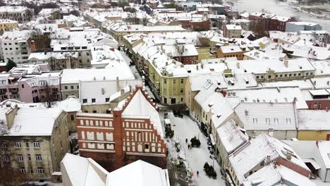 Kaunas-city-old-town-in-winter-season,-high-altitude-drone-view