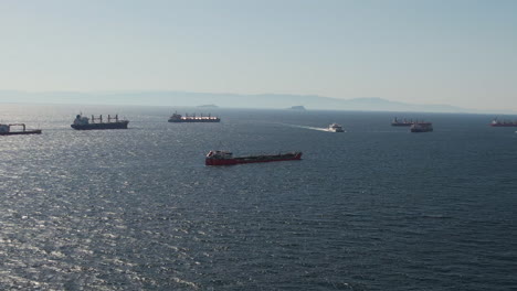 Aerial-View-of-Cargo-Ships-in-Bosphorus-Strait,-Istanbul,-Turkey
