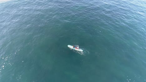 A-Fit-Female-Surfer-Paddles-Deeper-into-the-Ocean-After-Waiting-Out-A-Lull-Near-the-Coast-of-Mexico---Aerial-Shot