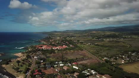 Three-sixty-degree-drone-panorama-of-Kauai-ocean,-town-of-Poipu,-and-volcanoes-in-Hawaii