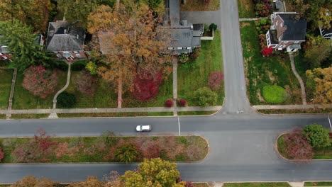 Top-down-aerial-view-of-classic-American-suburban-residential-area-with-alley-in-rich-fall-foliage,-fancy-housing-neighbourhood,-traditional-architecture-and-design,-aerial-view