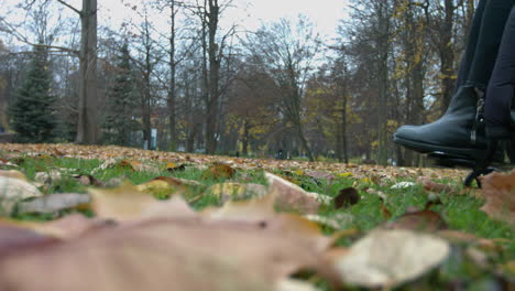 Close-up-on-legs-and-wheelchair-of-disabled-paralyzed-person-moving-on-ground-of-autumn-park