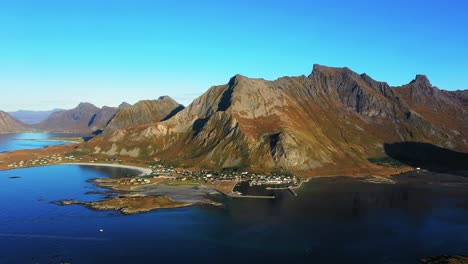 Panorama-of-fishing-village-Hamnoy,-Moskenes,-Lofoten-Islands,-Norway,-aerial