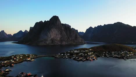 Panorama-of-populated-island-villages,-Lofoten-Islands,-Norway,-aerial