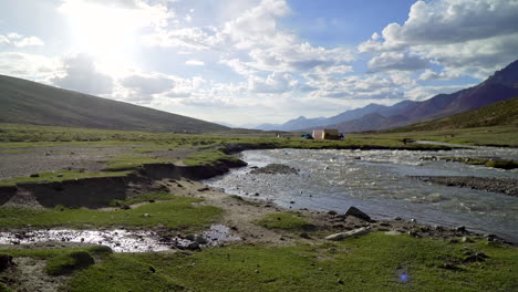 Beautiful-river-stream,-lush-greenery,-Himalayan-mountains-landscape-in-Nimaling,-Ladakh,-India-on-the-Markha-Valley-Trek