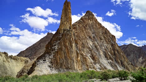 Tilt-down-shot-from-a-high-sharp-rock-formation-on-the-top-of-a-mountain,-on-the-Markha-Valley-trek