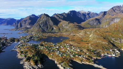 Scenic-landscape-of-urban-area-Lofoten-islands-in-Norway,-aerial-shot