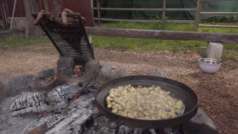Potatoes-boiling-and-meat-roasting-on-an-outdoors-campfire