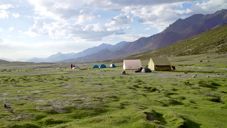 Wide-shot-of-a-tent-camp-in-the-Himalayas,-called-Nimaling-open-green-field-as-a-bird-walking-by-on-a-sunny-day-with-amazing-scenery