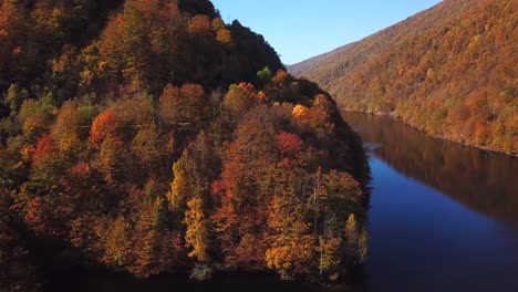 Forward-aerial-view-of-lake-Tarnita,-Romania,-surrounded-by-colorful-autumn-trees