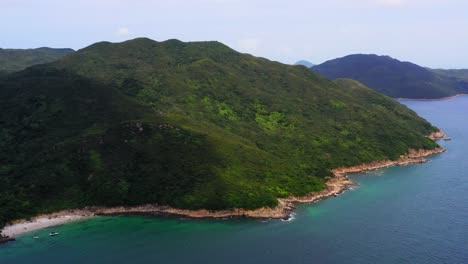 Panorama-of-coastline-of-Chinese-Sain-Kung-in-Hong-Kong,-aerial
