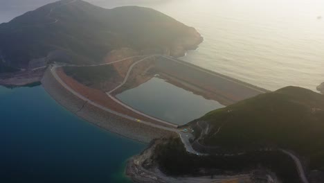 Panorama-of-High-Island-reservoir-East-Dam-in-Hong-Kong,-aerial