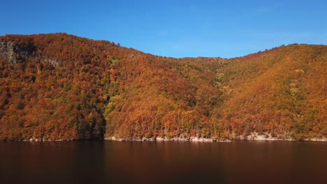 Sliding-drone-shot-of-lake-Tarnita,-Romania,-and-colorful-autumn-trees