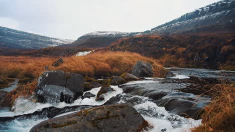 Static-Shot-of-River-Flowing-in-Stark-Landscape-in-Iceland