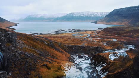 Beautiful-brown-and-white-landscape-by-the-waterfalls-in-Iceland--tilt-down