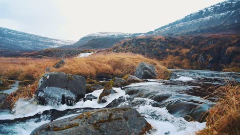 Pure-water-river-flowing-surrounded-by-icy-rocks-and-with-wild-golden-grass-and-Icy-hills