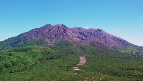 Flight-towards-composite-volcano-Sakurajima,-Kagoshima-Prefecture