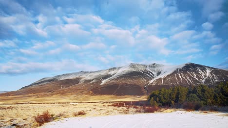 Slow-Pan-Left-View-Of-Epic-Frozen-Grassland-Dramatic-Icelandic-Landscape