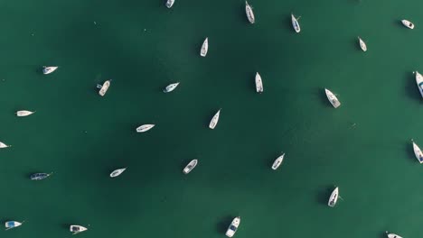 Top-view-from-drone-of-harbor-with-yacht,-motorboat-and-sailboat