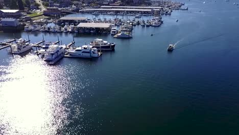 the-sun-glistens-off-the-water-in-Gig-Harbor-marina-as-a-boat-travels-by,-tilting-drone-shot