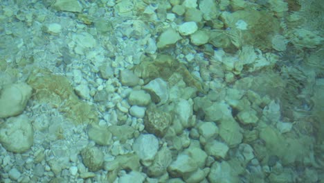Crystal-clear-transparent-clean-turquoise-water,-river-bottom-seen-through,-slow-motion