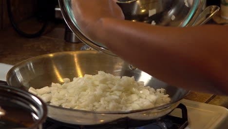 Closeup,-black-woman-pouring-diced-white-onion-into-empty-frying-pan