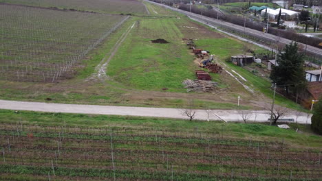 Cantoniera-farmhouse-vineyard-aerial-view-above-rows-of-vine-crop-growth