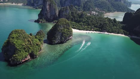 Aerial-View-of-Breathtaking-Tropical-Sea-Lagoon-and-Green-Steep-Cliffs-on-Exotic-Island,-Krabi-Thailand