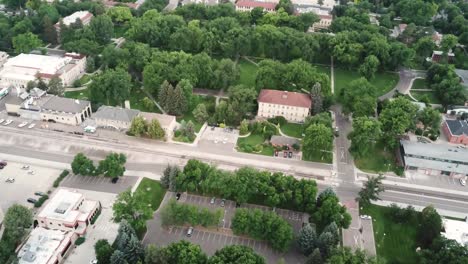 Fort-Collins-City,-Home-of-Colorado-State-University,-Drone-Aerial-View-on-Green-Park-and-Campus