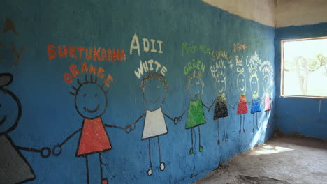 Medium-pan-shot-of-recently-painted-classroom-wall-in-Ziway,-Ethiopia-during-a-charity-event