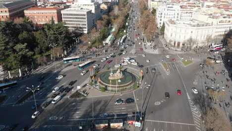 Plaza-de-Cibeles,-Cibeles-square-in-Madrid-on-a-Christmas-afternoon-shoot-at-4k-24fps-from-above