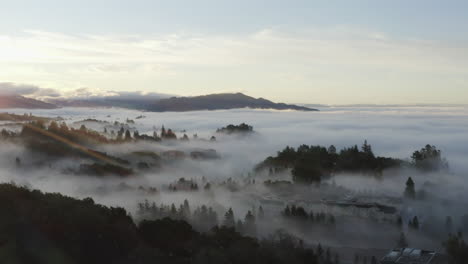 Aerial-view-of-Santa-Rosa,-California-covered-by-dense-fog-and-sun-flares-in-frame