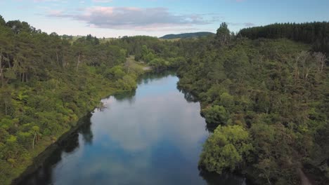 Wide-aerial-view-of-the-Waikato-River-in-Taupo,-New-Zealand