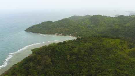Aerial-view-above-tropical-lush-coastal-Panama-island-wilderness