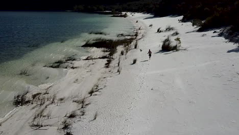 man-running-on-sandy-beach-Lake-Mckenzie-chasing-drone-shot