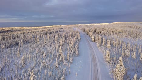 Forward-ascending-aerial-of-rural-Winter-Road-in-vast-forest