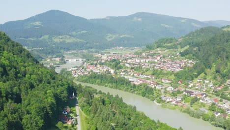 The-small-town-of-Slovenj-Gradec-and-the-Drava-River-in-Slovenia,-during-the-daytime
