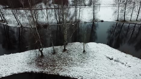 birds-eye-view-of-calm-pond-in-park-during-winter,-pedestal-movement