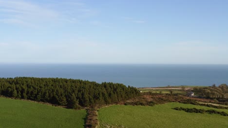Aerial-Dolly-In-über-Grünem-Feld-In-Richtung-Ozean-In-Irland-An-Einem-Sonnigen-Tag