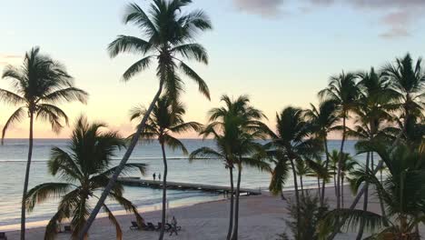 Pristine-natural-sand-beach-with-palm-trees-at-sunset,-sunrise,-small-pier-in-the-background,-scenic-seascape-in-Punta-Cana,-Dominican-Republic,-relaxing-tropical-scene,-vacation-and-travel